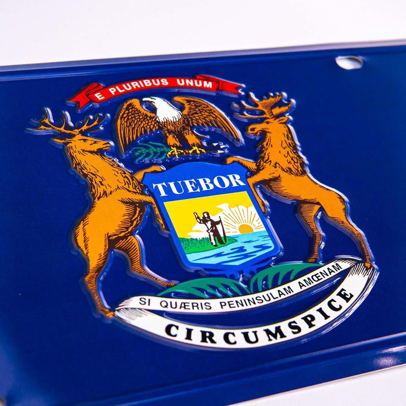 Pickwicks Michigan State Flag License Plate – Embossed Aluminum – Great Lakes State Pride – Decorative Car Tag – 6”x12” Novelty Metal Sign (Michigan) - Image 2